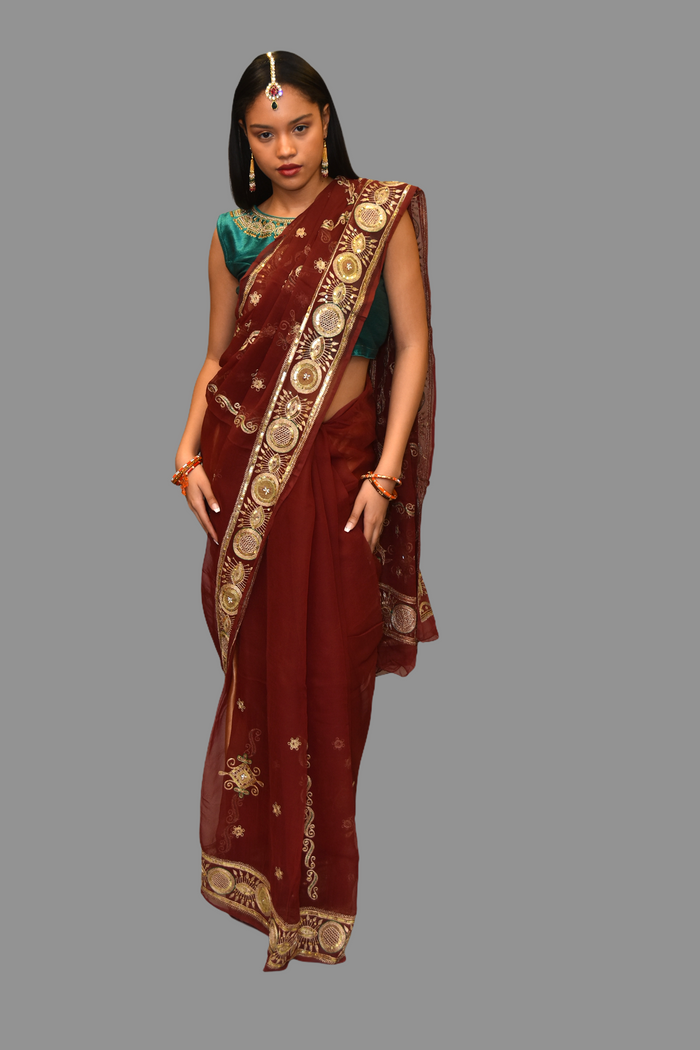 Silk Embroidered Georgette Burgundy Red Saree