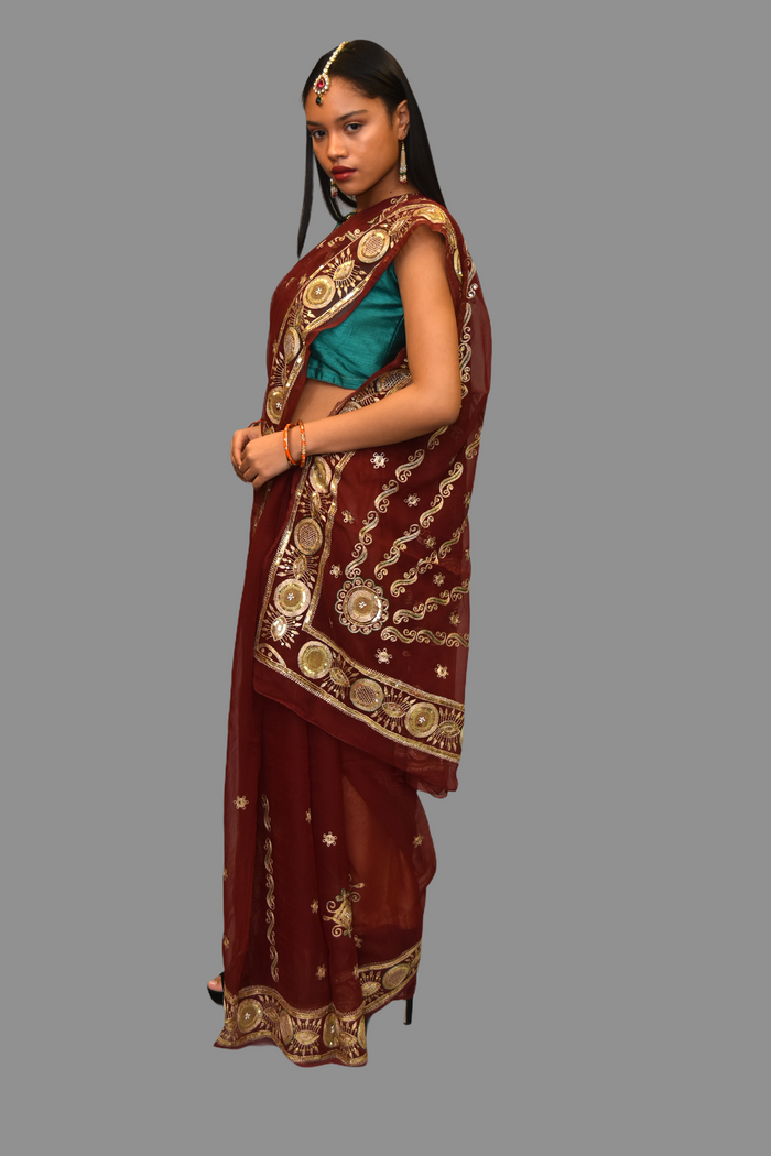 Silk Embroidered Georgette Burgundy Red Saree