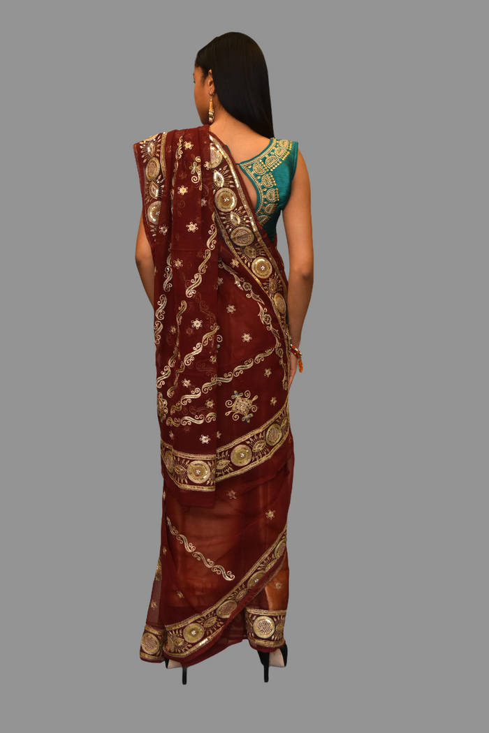 Silk Embroidered Georgette Burgundy Red Saree