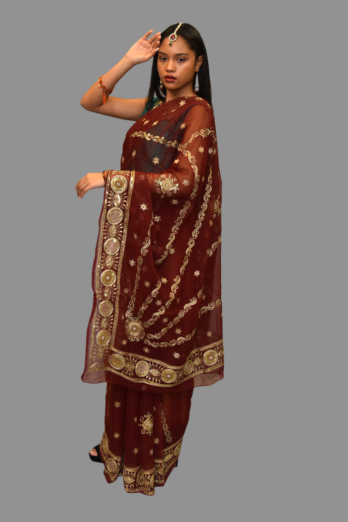 Silk Embroidered Georgette Burgundy Red Saree