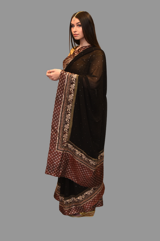 Silk Georgette Embroidered Dark Chocolate Brown Saree With Contrast Maroon Border