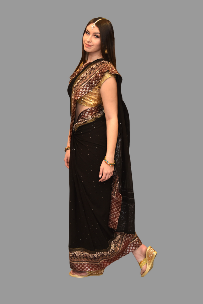 Silk Georgette Embroidered Dark Chocolate Brown Saree With Contrast Maroon Border
