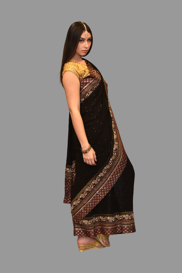 Silk Georgette Embroidered Dark Chocolate Brown Saree With Contrast Maroon Border