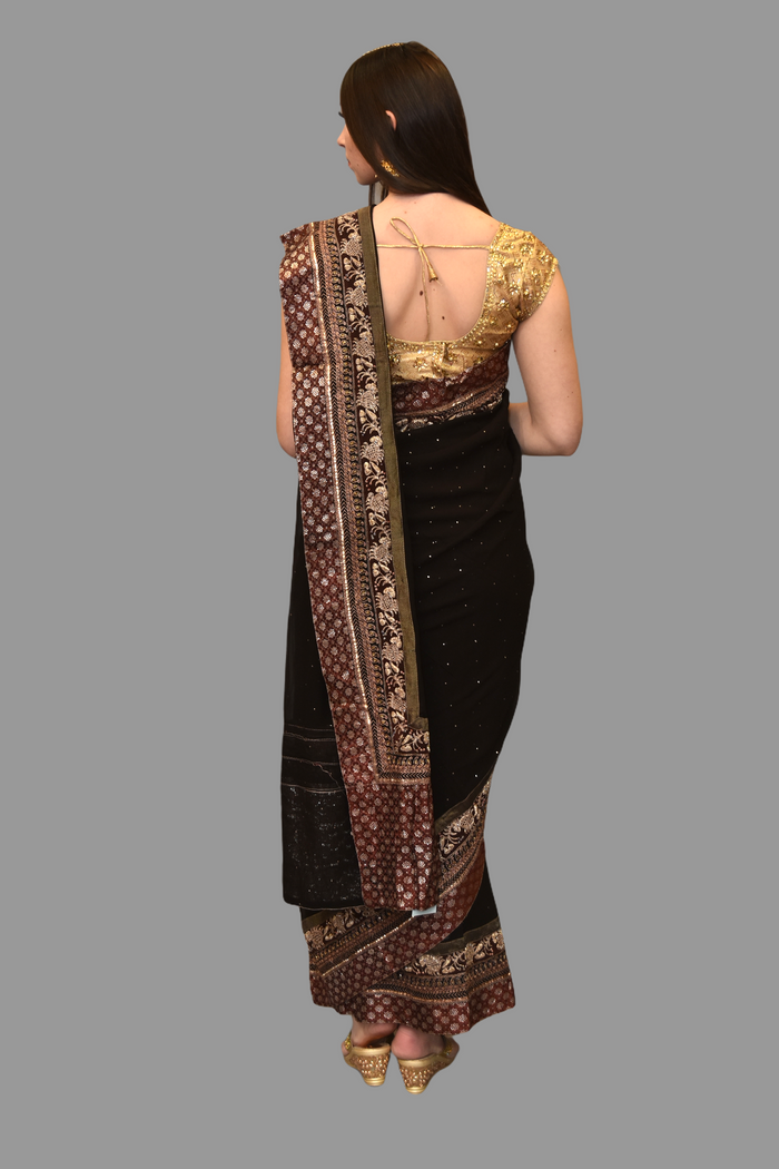 Silk Georgette Embroidered Dark Chocolate Brown Saree With Contrast Maroon Border