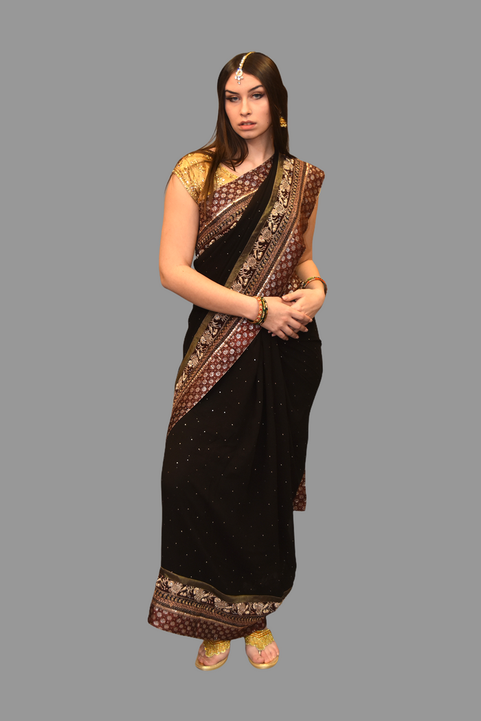 Silk Georgette Embroidered Dark Chocolate Brown Saree With Contrast Maroon Border