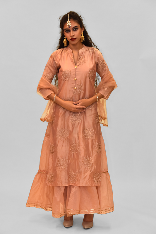 Silk Peachy Pink Embroidered Gown