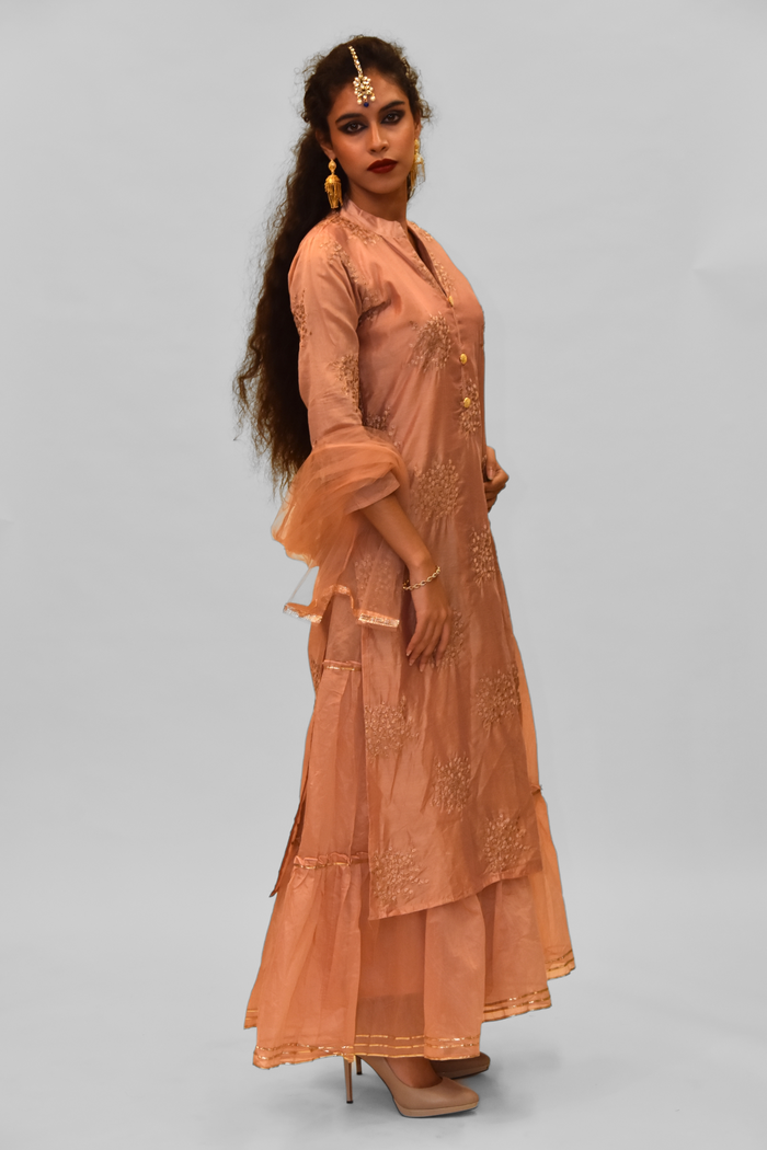 Silk Peachy Pink Embroidered Gown