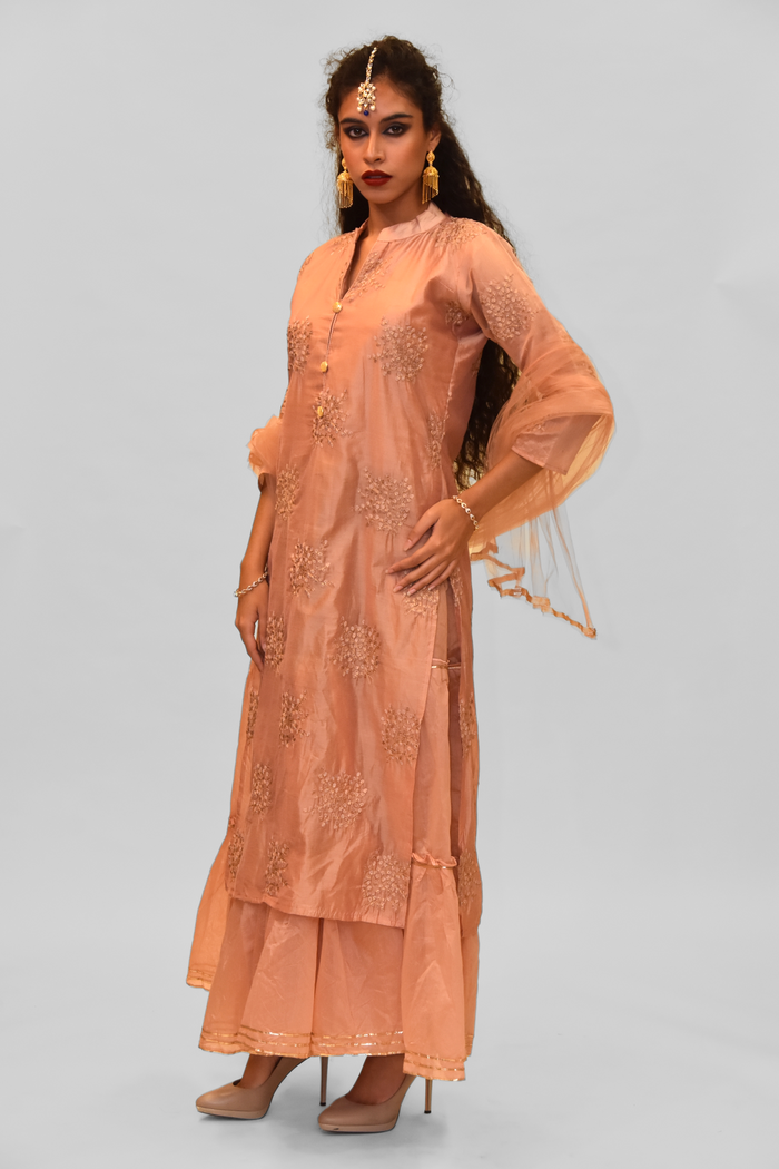 Silk Peachy Pink Embroidered Gown
