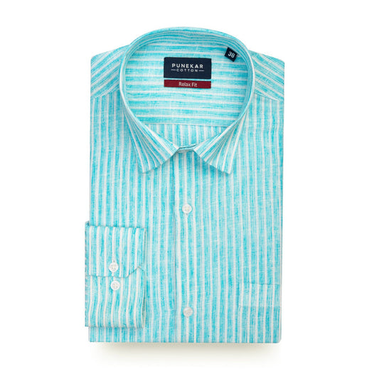 Sky Blue Striped Blend Cotton Shirt for Men - Punekar Cotton