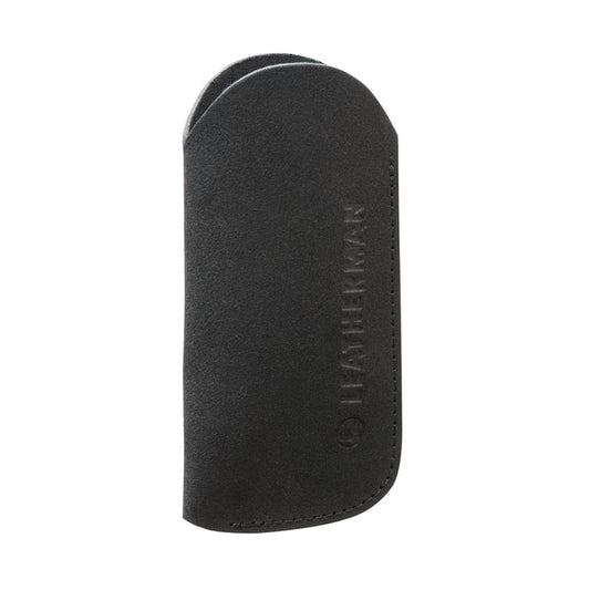 A black suede leather tool sleeve featuring an embossed vertical “LEATHERMAN” logo and the company’s circular emblem near the stitched edge, displayed against a white background.