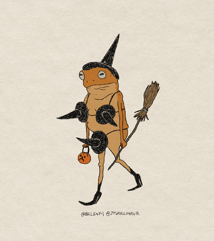 Slut For October animated illustration by Bill Crisafi, showing a toad going trick-or-treating with broomstick and witch hats