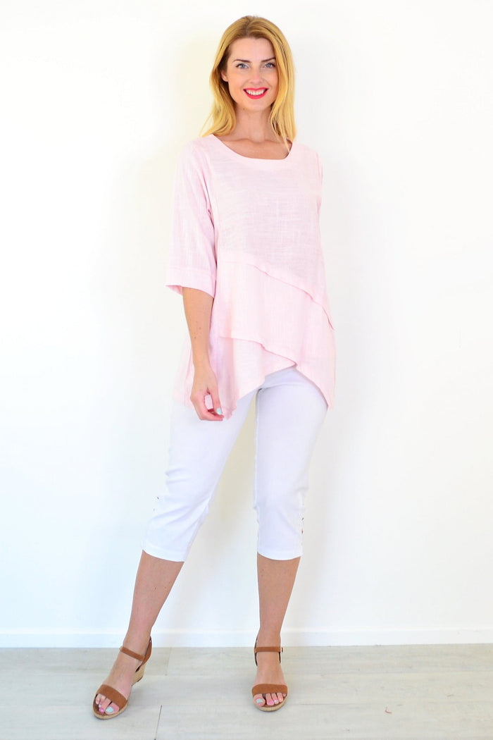 Soft pink linen blend tunic top by Ruby Rain, featuring a relaxed fit and subtle texture, perfect for casual and comfortable style.