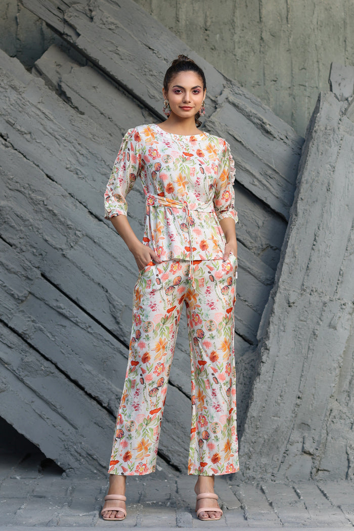 Spring Ruffles Sleeves on Off-white Muslin Silk Co-ord Set