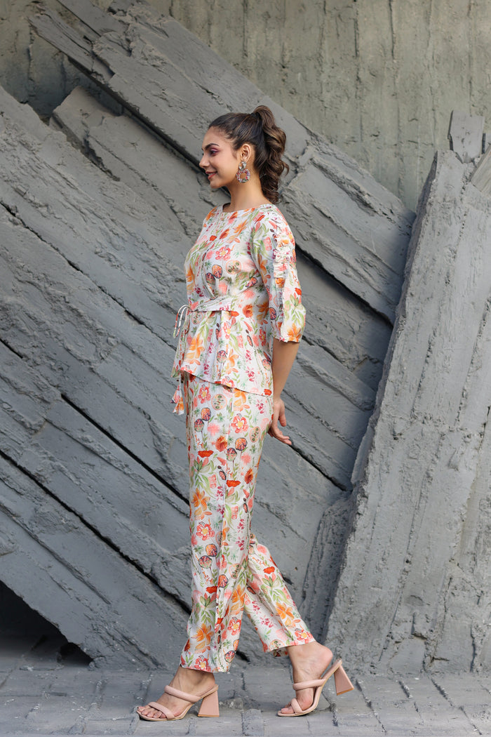 Spring Ruffles Sleeves on Off-white Muslin Silk Co-ord Set
