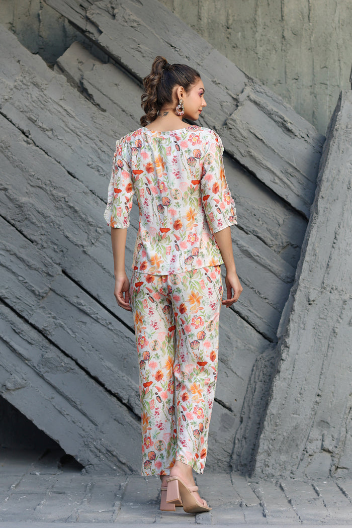 Spring Ruffles Sleeves on Off-white Muslin Silk Co-ord Set
