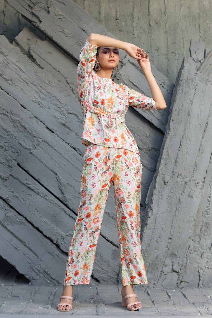 Spring Ruffles Sleeves on Off-white Muslin Silk Co-ord Set