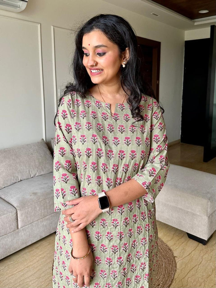 Subtle Bling Cotton Kurta- Pastel Green