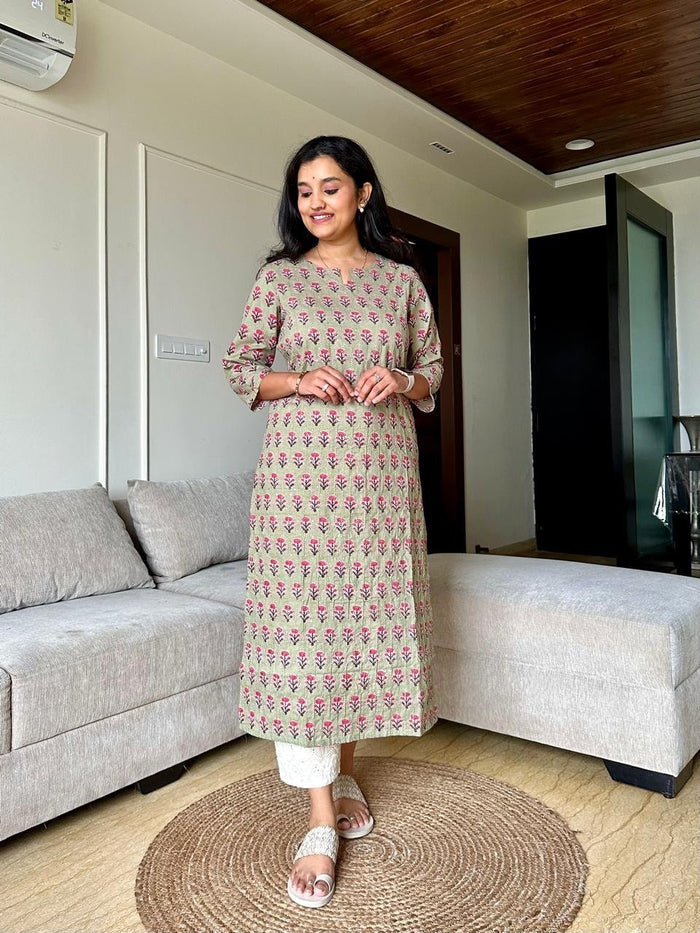 Subtle Bling Cotton Kurta- Pastel Green