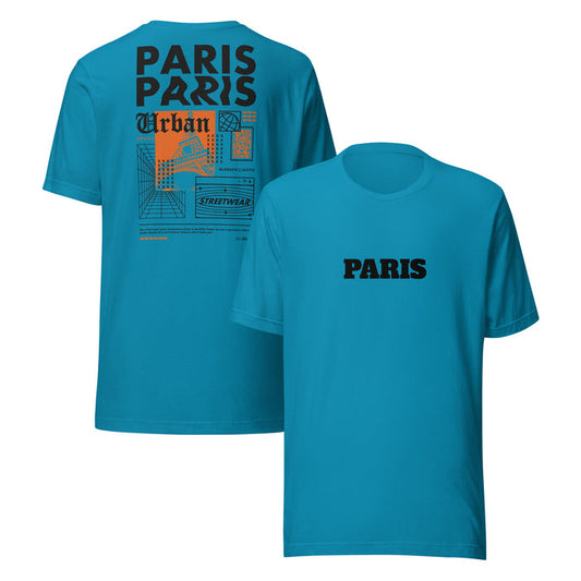 T-shirt Unisexe Paris Aqua face et dos - impression PARIS à la poitrine et grand visuel Urban Tour Eiffel au dos