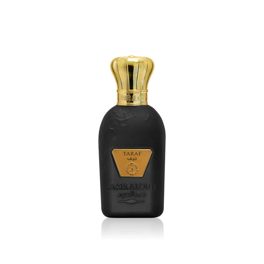 Jamr Al Oud luxury Taraf perfume bottle with gold crown cap on white background