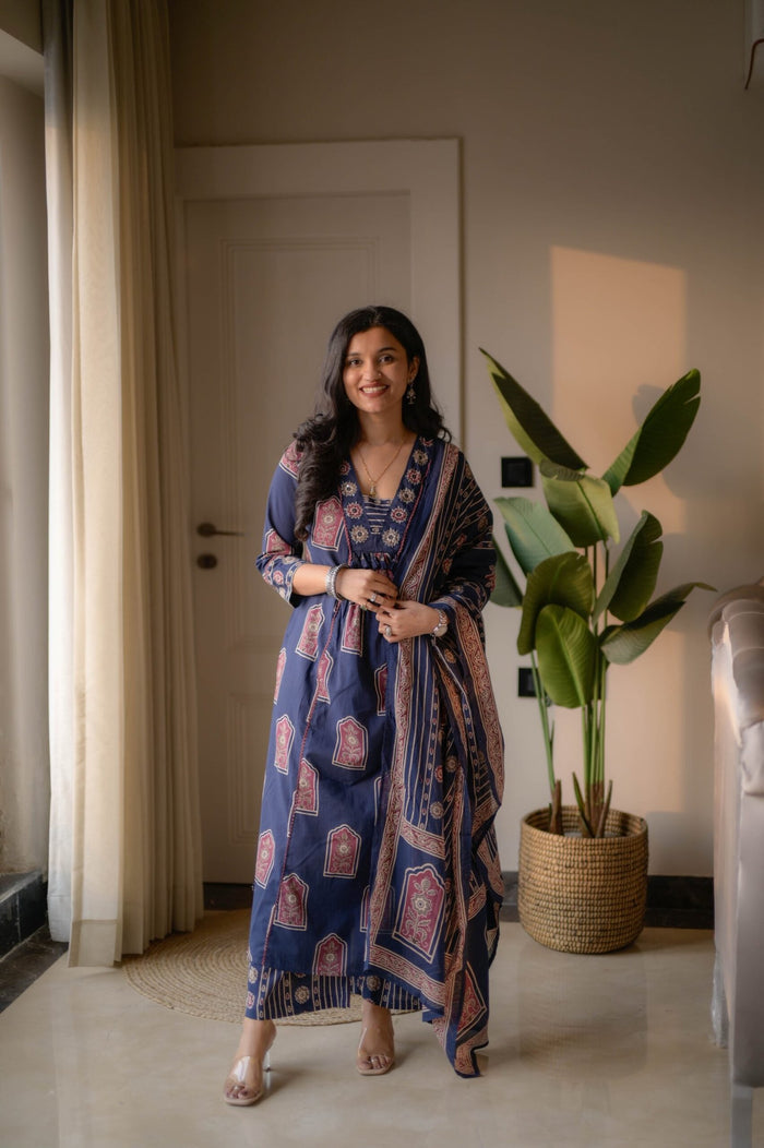 Taraya Flared Printed Cotton Suit- Blue