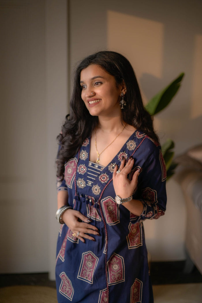 Taraya Flared Printed Cotton Suit- Blue
