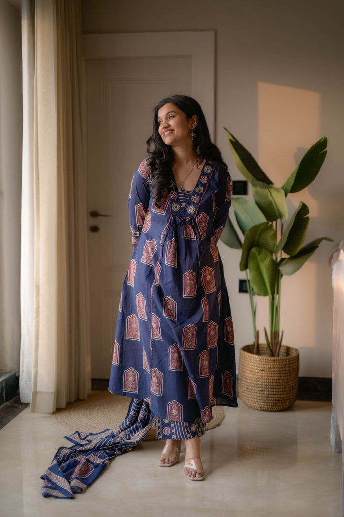 Taraya Flared Printed Cotton Suit- Blue