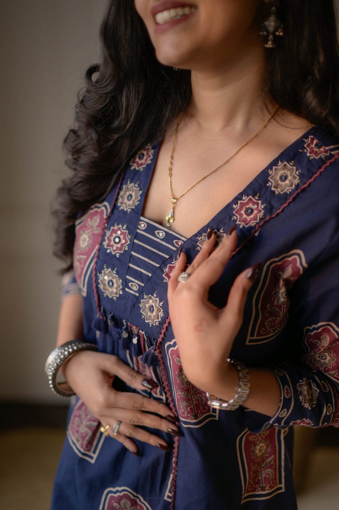 Taraya Flared Printed Cotton Suit- Blue