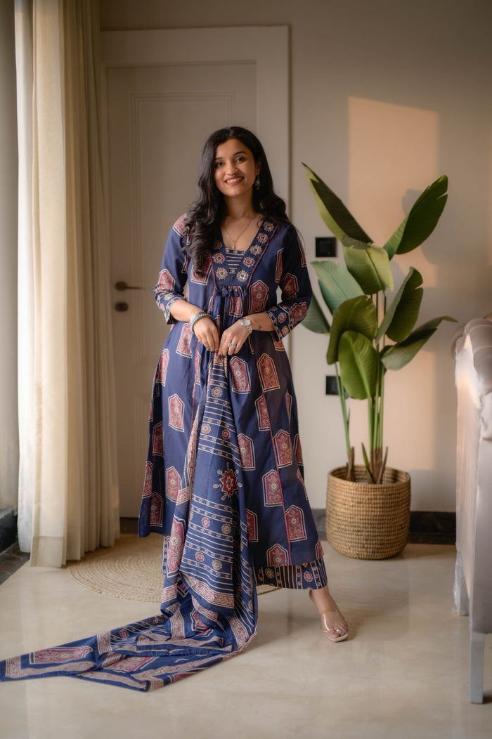 Taraya Flared Printed Cotton Suit- Blue