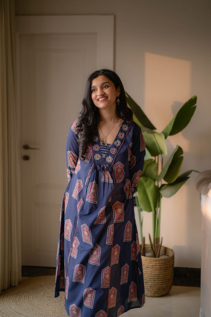 Taraya Flared Printed Cotton Suit- Blue