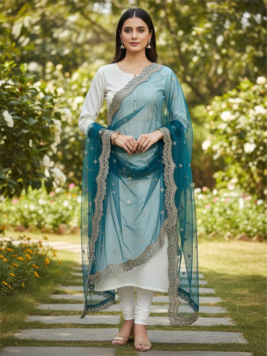 Kurti Connection USA teal blue sheer dupatta with intricate mirror work and scalloped gold embroidery borders