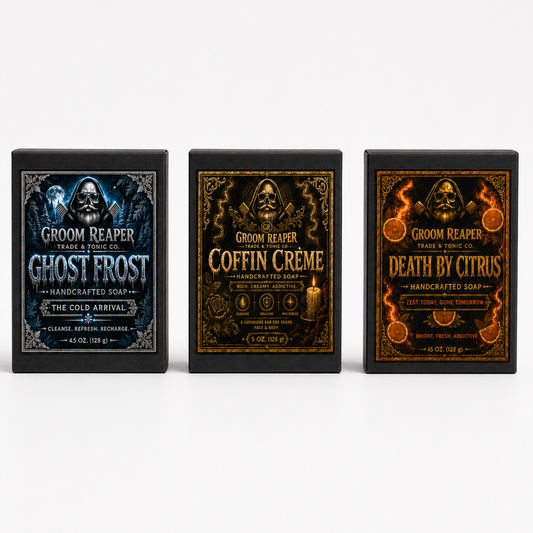 "The Ritual Soap Trio by Groom Reaper — Ghost Frost, Coffin Crème, and Death by Citrus handcrafted soap bars, 3-pack bundle"