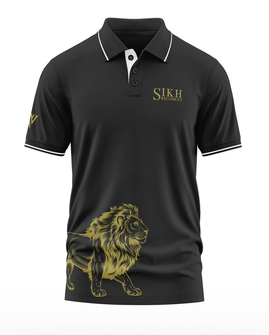 Black polo t-shirt with gold Sikh Regiment text and lion graphic, short sleeves, men's fashion
