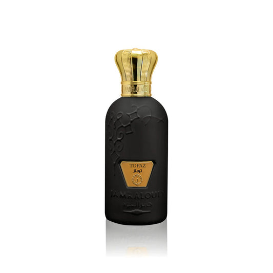 Topaz luxury perfume bottle by Jamr Al Oud, matte black with gold crown cap, on white background