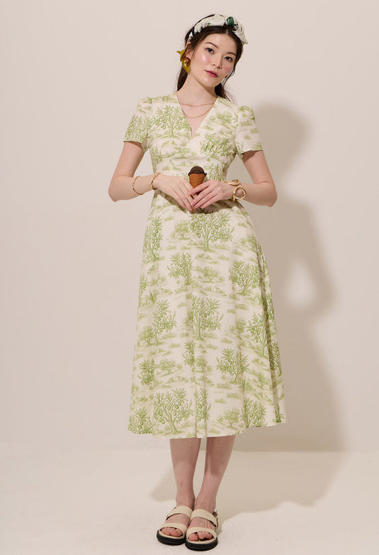 Toile de Jouy Gathered Bust V-Neck Midi Dress
