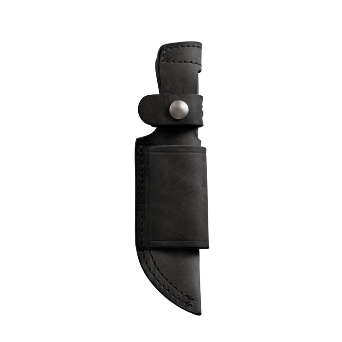 Black leather belt sheath with silver snap closures and reinforced stitching, designed to securely hold a fixed-blade knife.