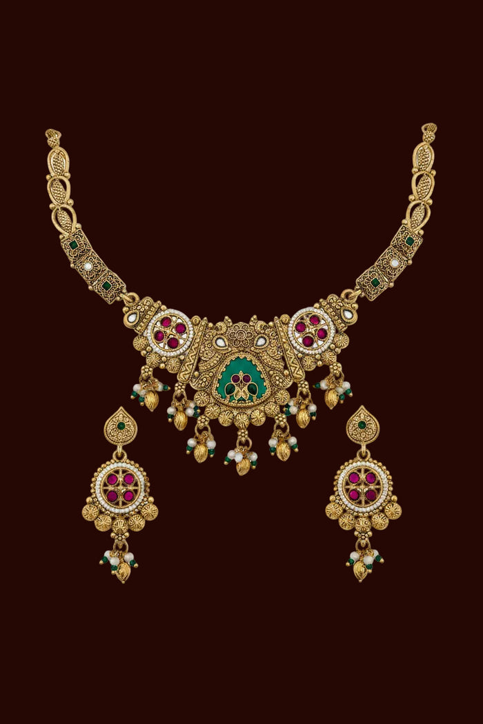 Traditional Antique Gold-Plated Temple Necklace Set with Ruby, Emerald & Pearl Accents