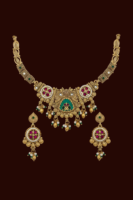 Traditional Antique Gold-Plated Temple Necklace Set with Ruby, Emerald & Pearl Accents