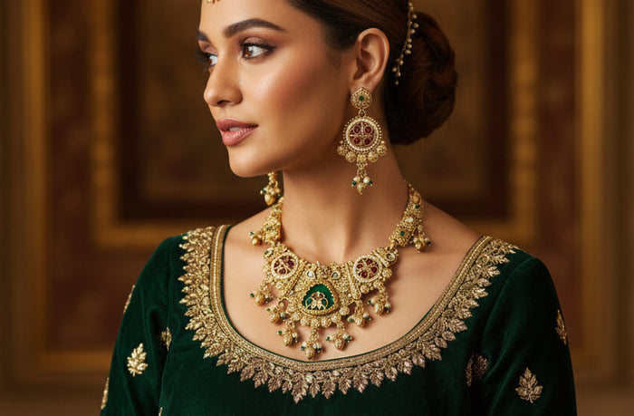 Traditional Antique Gold-Plated Temple Necklace Set with Ruby, Emerald & Pearl Accents