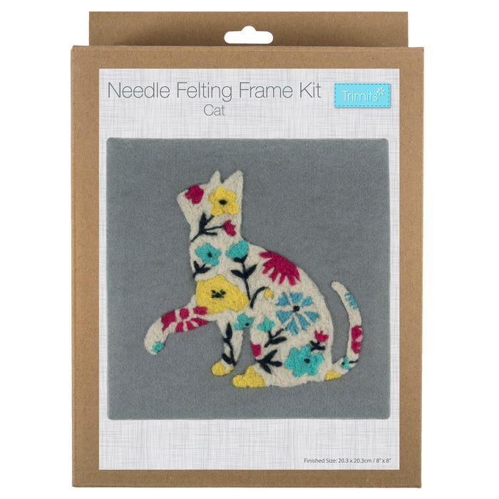 Trimits Needle Felting Kit with Frame Cat, 20.3x20.3cm, Includes Wooden Frame, Felting Tool, Wool, Instructions in EN, FR, GER