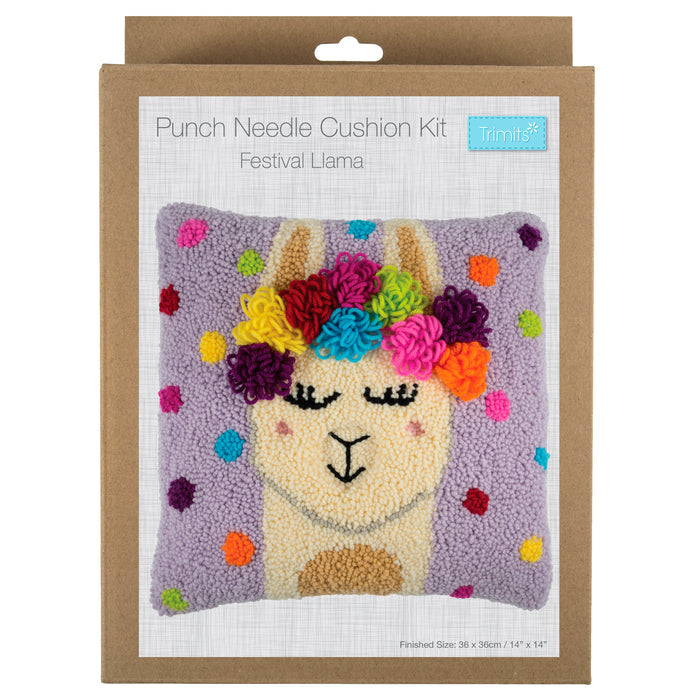 Trimits Punch Needle Kit Cushion: Festival Llama, 36x36cm, Includes Punch Needle Tool, Yarn, Fabric, Cushion Back, Instructions in Engl...