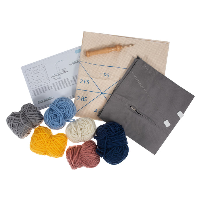 Trimits Punch Needle Kit Cushion: Geo, 36x36cm, Includes Punch Needle Tool, Yarn, Fabric, Cushion Back, Instructions in English, French...