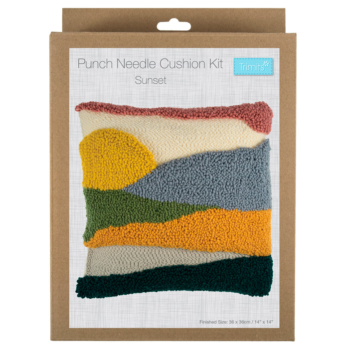 Trimits Punch Needle Kit Cushion: Sunset, 36x36cm, Includes Punch Needle Tool, Yarn, Fabric, Cushion Back, Instructions in English, Fre...