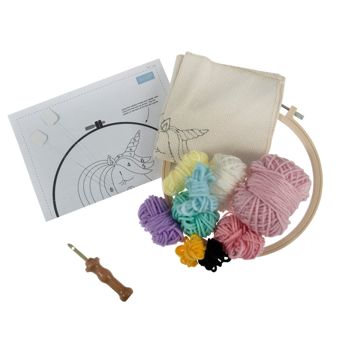 Trimits Punch Needle Kit Yarn and Hoop: Unicorn, 20.3cm Diameter, Includes Yarn, Hoop, Fabric, Punch Needle, Instructions in EN, FR, GER