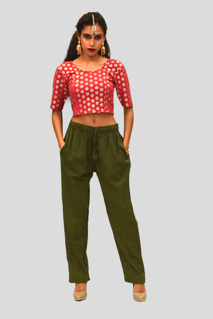 Unisex Cotton Army Green Straight  pants