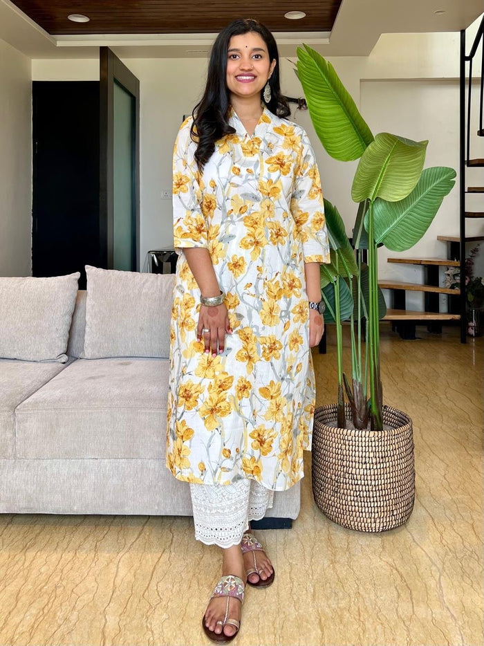 V- Neck Cotton Kurta- Yellow Watercolor Florals
