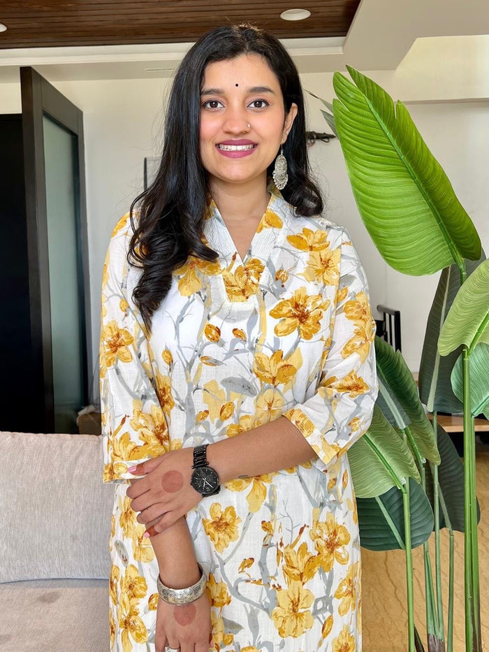 V- Neck Cotton Kurta- Yellow Watercolor Florals