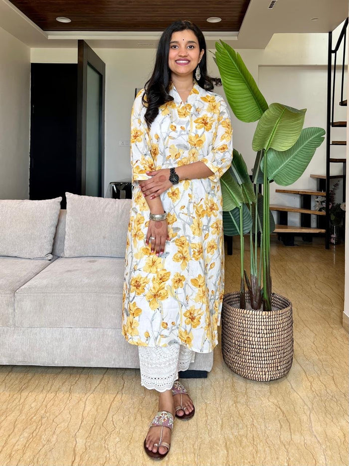 V- Neck Cotton Kurta- Yellow Watercolor Florals