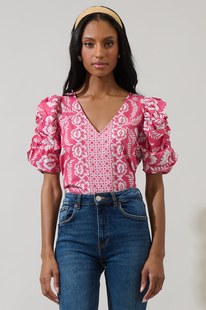 Valen Floral Chancellor Ruched Sleeve Blouse