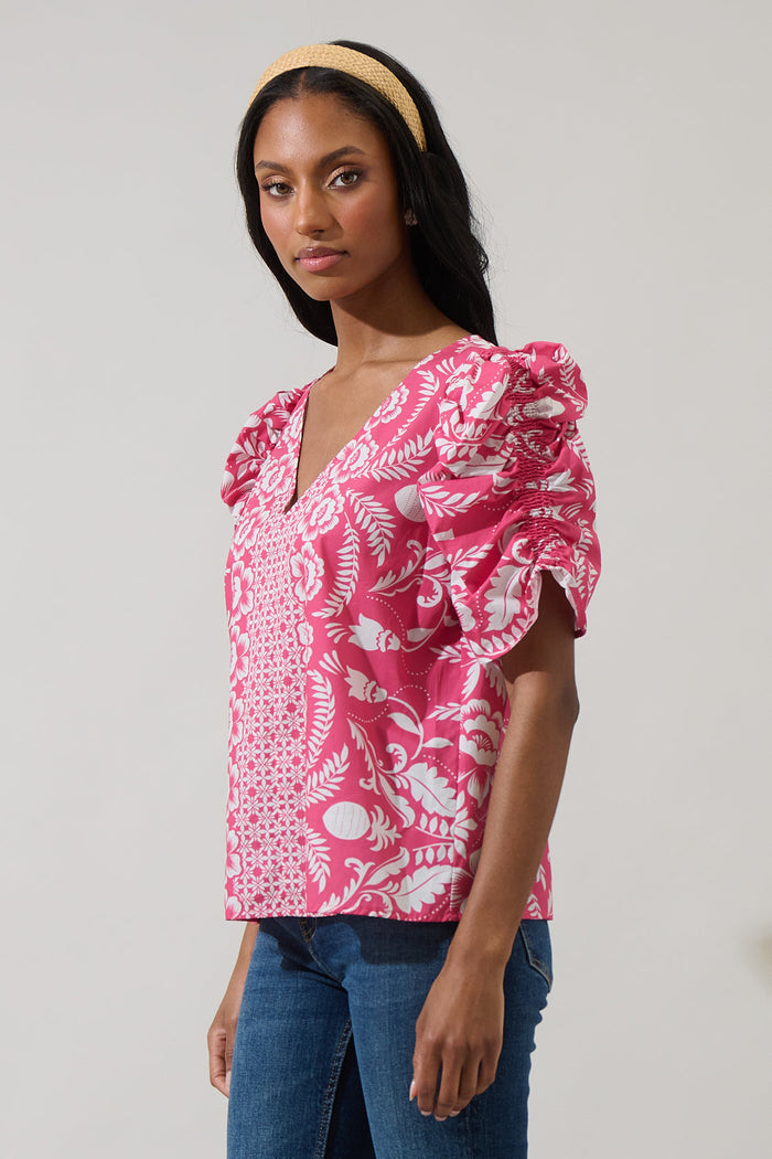Valen Floral Chancellor Ruched Sleeve Blouse